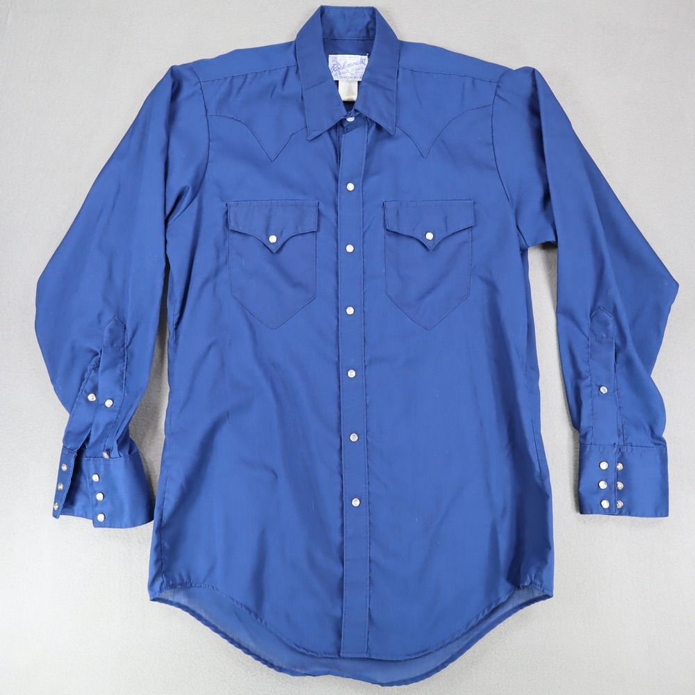 VTG Rockmount Ranch Wear Western Snap Shirt Mens 15.5 Blue Pearl Snap USA Made